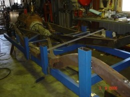 Homemade chassis jig fabricated from steel and designed to facilitate 